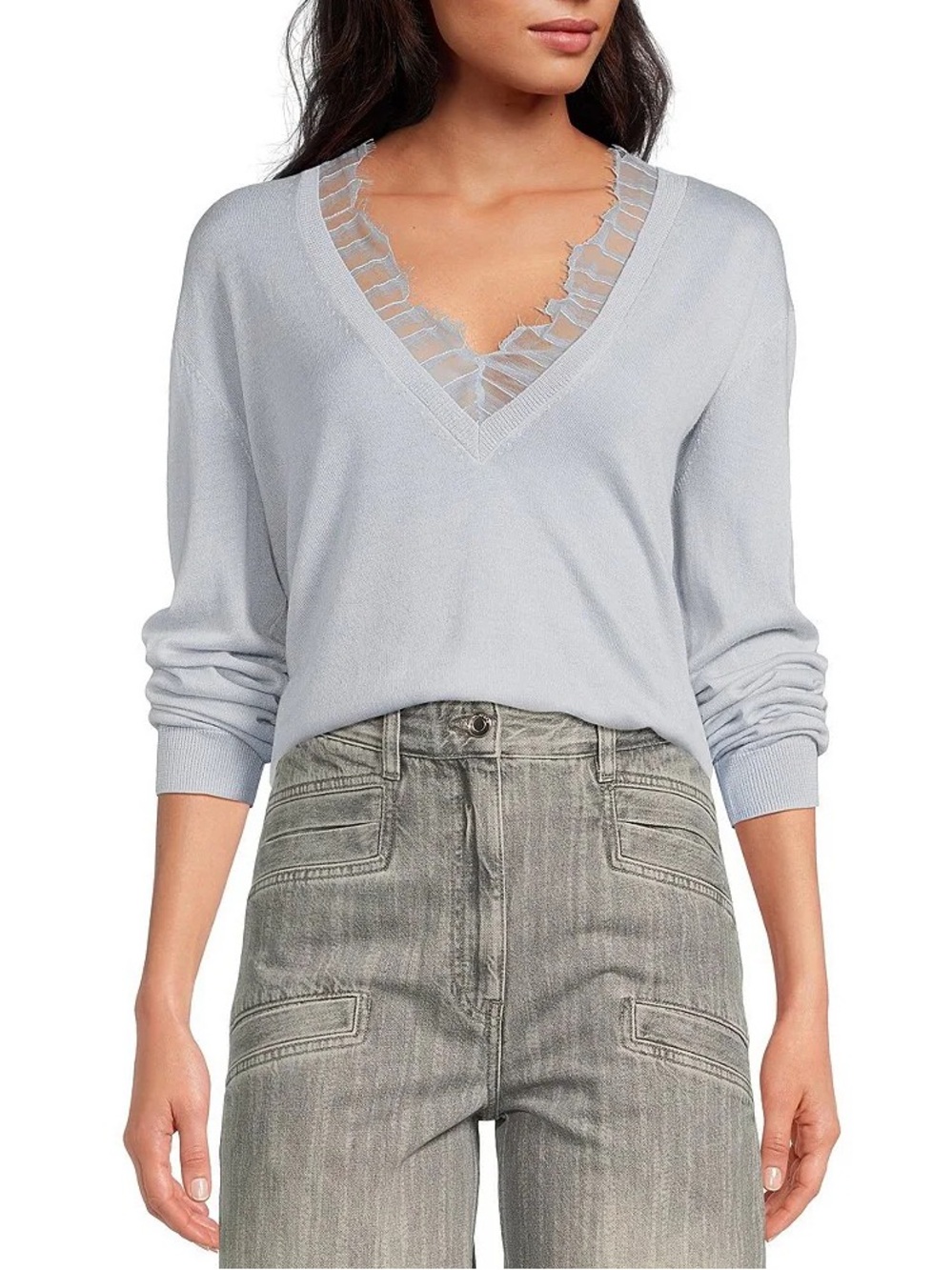 IRO Sweater Womens Small-Large Haby Fine Knit Lace Trim Silk Feminine Casual